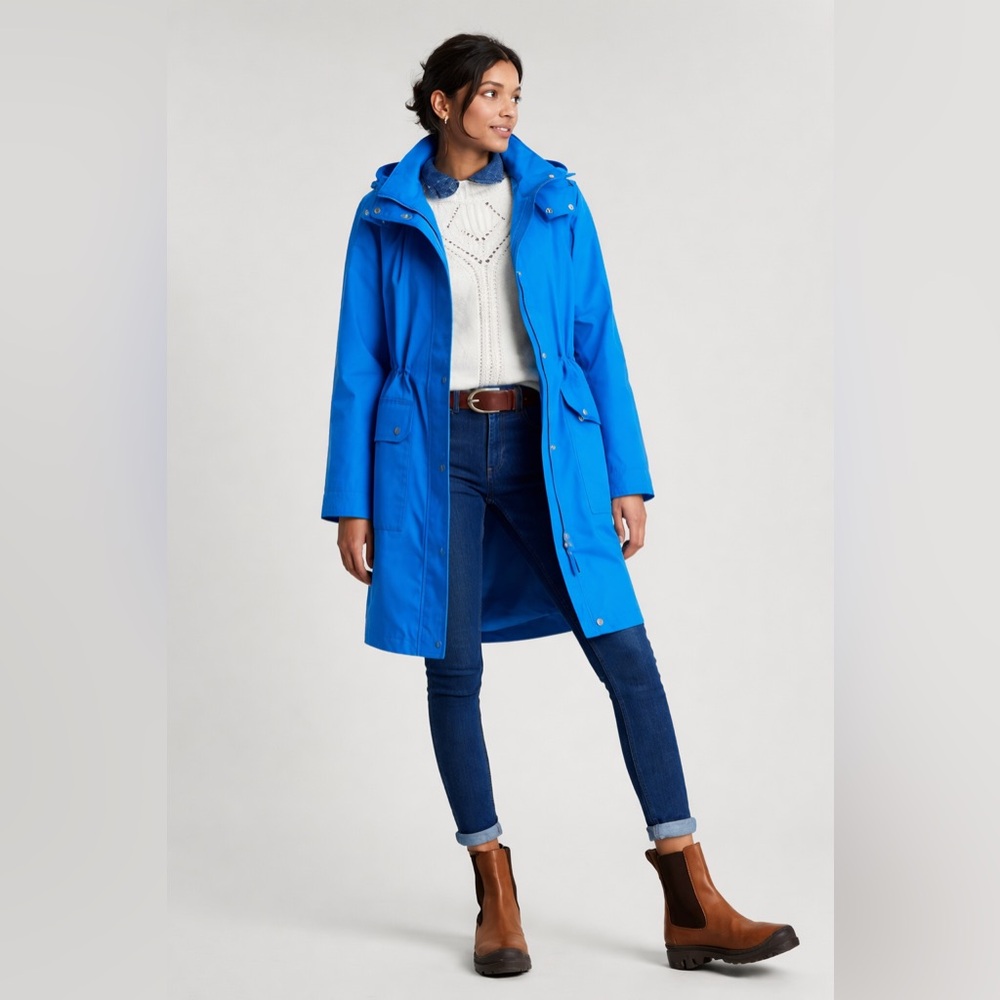 Joules Loxley Long Waterproof Raincoat NWT Blue Size 2 Hooded Spring Rain Jacket